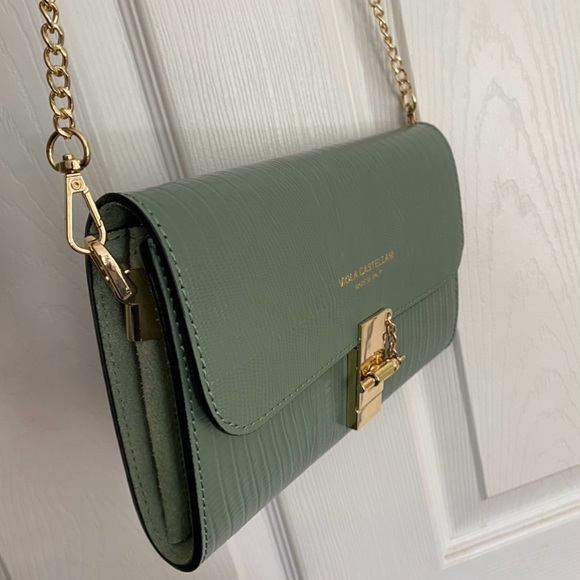 VIOLA CASTELLANI Italy Leather Lizard Embossed Crossbody bag Aqua Green - Picture 3 of 11